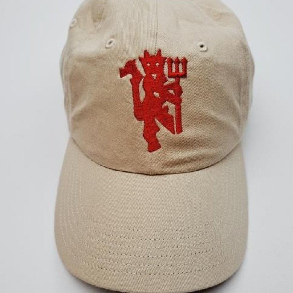 Manchester United Red Devil Relaxed Dad Cap Hat Tan Embroidered Man Utd Soccer